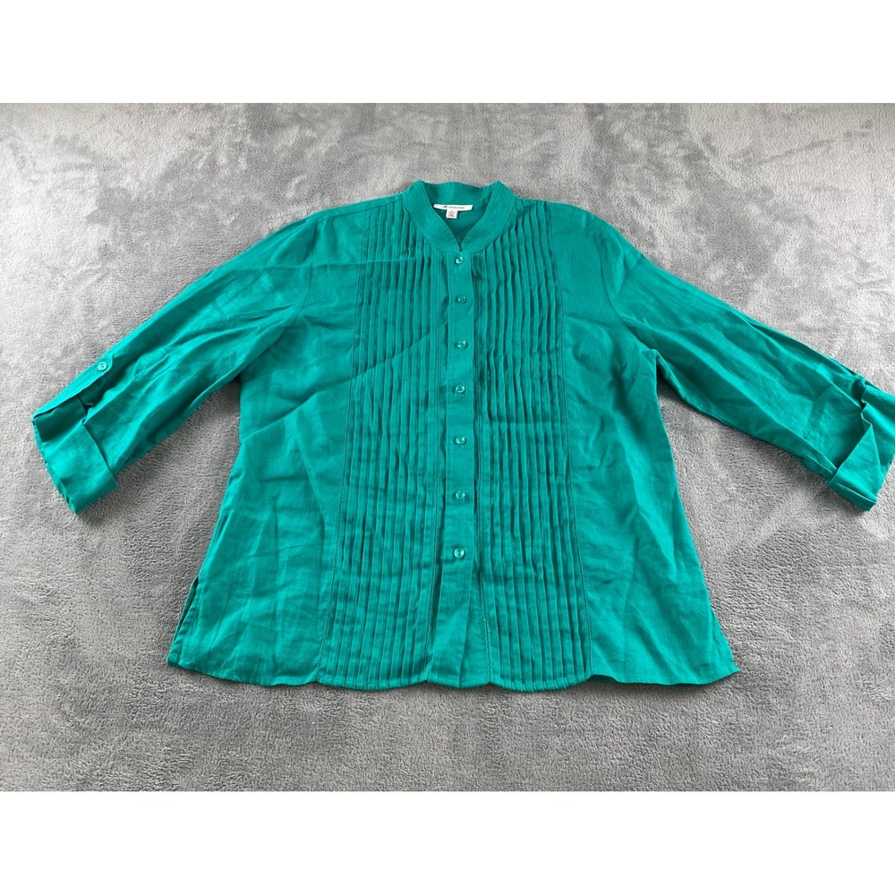 JM Collection Womens 16 Linen Pintuck Blouse Emerald Green Roll Tab Sleeve Top